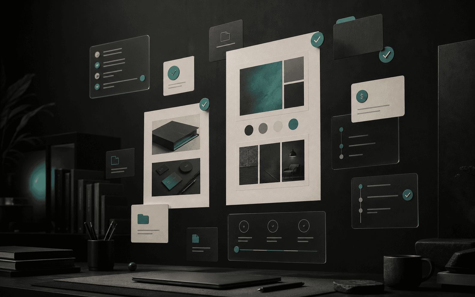 Dark BrandCove portal world with proposal sheets, file cards, approval markers, and invoice status pieces.