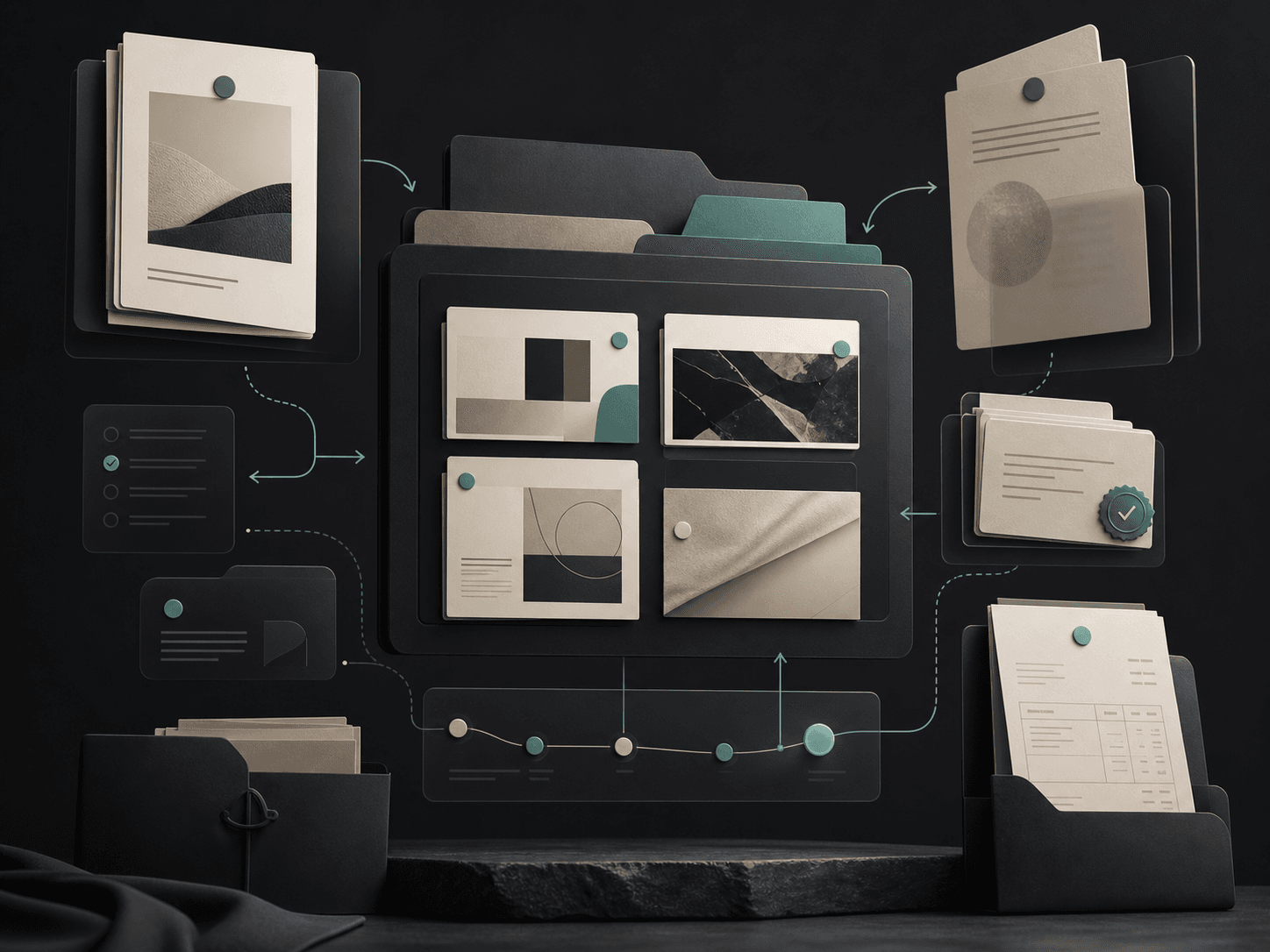 Layered BrandCove project cards, proposal pages, file folders, timeline paths, and invoice context pieces.